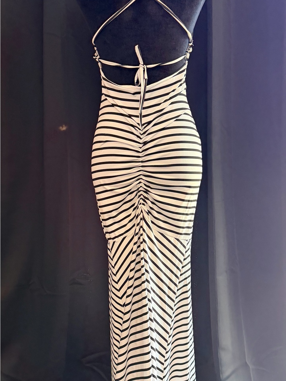 Striped White and Black Maxi Dress - Sleeveless Halter Style - Picture 5 of 10